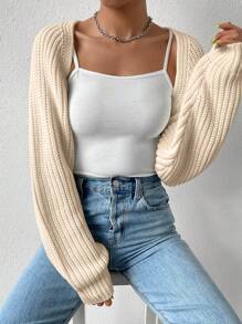 SHEIN EZwear 秋冬纯色百搭无袖开衫，前开襟，长袖上衣 - 杏色 - 查看 6