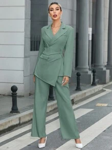 SHEIN Privé Quý cô Màu thuần Bộ đồ Bộ - màu xanh lá - Xem 6