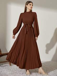 Modelyn Women's Long Sleeve Stand Collar Pleated Hem Modest Dress Long Evening Dresses - Coffee Brown - View 3