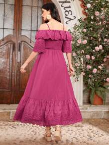 Seusyu Women'S Solid Color Hollow Out Embroidery Patchwork Ruffle Trim Off-Shoulder Cami Dress - Hot Pink - View 2