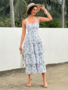 SHEIN VCAY Của phụ nữ Ngẫu nhiên In Không tay Dây đeo Mì Ý  Đầm - Xanh và trắng - Xem 2