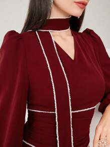 Modelyn Women'S Lantern Sleeve Pearl Beaded Sheath Dress - Red - View 8