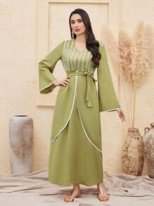 Al Najma Của phụ nữ Kim sa Trộn Màu Vá lại Với Viền Piping Váy quấn - Màu xanh Bạc hà - Xem 4