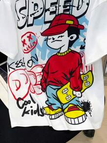 SHEIN 青少年男孩休閒街頭風格字母&臉部印花圓領短袖針織t卹