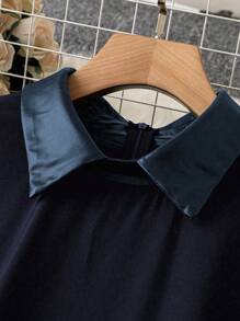 SHEIN LUNE Ladies' Color-Contrasted Spliced Pu Dress Fall Cloth For Women - Navy Blue - View 4