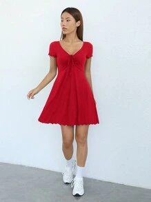SHEIN EZwear Màu thuần Dây rút Dệt kim Đầm - Đỏ - Xem 6