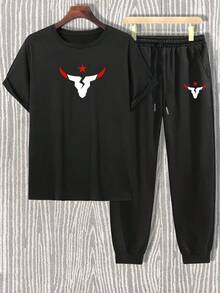 Manfinity LEGND Men's Plus Size Ram Head & Star Printed Short Sleeve T-Shirt And Long Pants Set - Black - View 3