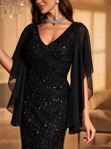 UNITHORSE 女士雪纺长袖亮片连衣裙派对礼服婚礼宾客礼服正式礼服晚礼服、新娘礼服、生日服装、毕业礼服、长袍 - 黑色 - 查看 6