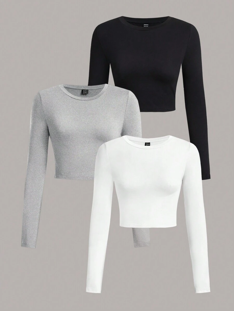 SHEIN EZwear 3pcs/Set Women's Casual Long Sleeve Crew Neck Fitted T-Shirt, Suitable For Spring & Autumn And Winter - Multicolor - View 1