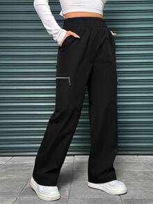 SHEIN EZwear 女款多拉鍊收褶高腰褲 - 黑色 - 查看 6