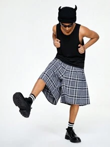 ROMWE MEN ROMWE Avant Quần short xếp ly kẻ sọc rộng rãi cho nam, đi học - Nhiều màu - Xem 3