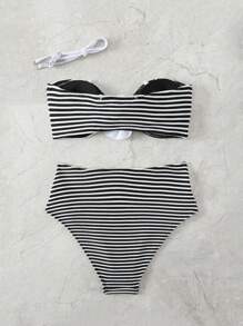 SHEIN Swim Women's Stripe & 3d Flower Separated Bikini Set Two Pieces Set Summer Beach - Black and White - View 3