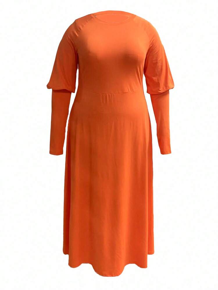 Women's Plus Size Solid Color Round Neck & Waist Drawstring Casual Dress