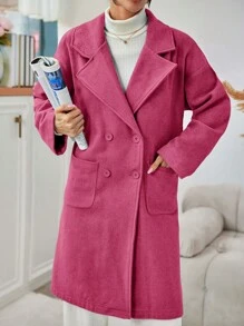 EURMUSE Women's Notched Collar Double Breasted Long Sleeve Woolen Coat - Hot Pink - View 3