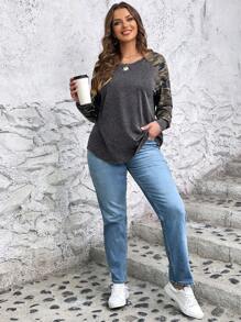 SHEIN LUNE Plus Size Women's Christmas Black & Red Plaid Patchwork Crew Neck Long Sleeve Casual T-Shirt, Autumn/Winter Women T Shirt - Dark Grey - View 4