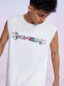 TOM & JERRY X SHEIN Men's Cartoon Letter Print Tank Top - White - View 4