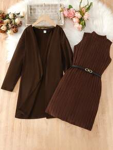 Áo khoác và váy ba lỗ có gân trơn dài tay dành cho bé gái mùa thu đông - màu nâu - Xem 2