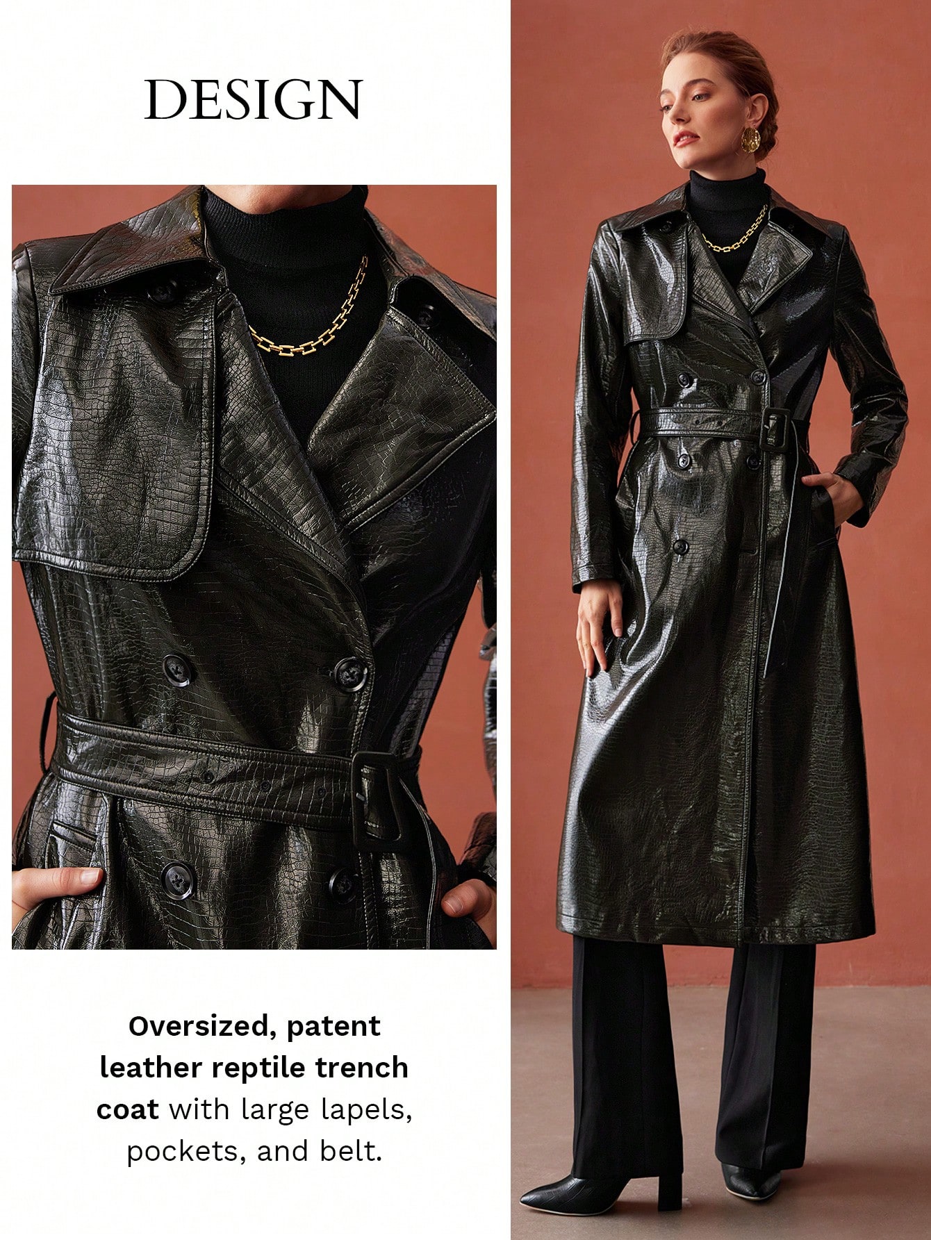 BELTED FAUX LEATHER TRENCH COAT｜Motf