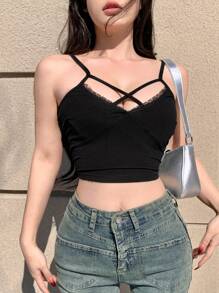 DAZY Lace Trim Cropped Camisole Top For Summer Going Out Tops
