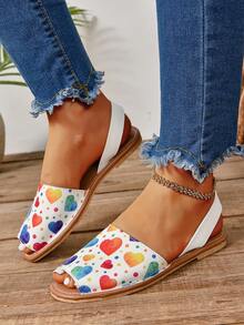 女士露趾平底凉鞋，心形和不对称彩色印花，时尚沙滩鞋 - 彩色 - 查看 1