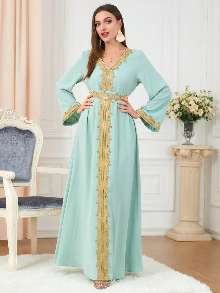 Women's Color Block Embroidered Patch V-Neck Long Sleeve Modest Dress Kaftan Arabian Dress - Mint Green - View 1