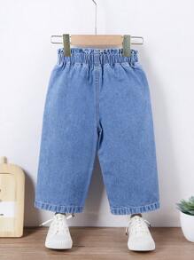 SHEIN Đứa bé gái Retro & Dễ thương Eo đàn hồi Hoa Chồi Thiết kế quần ống rộng Quần jean Với Mềm mại Denim mùa giặt Denim , Ánh sáng Xanh - Rửa nhẹ - Xem 2