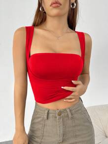 SHEIN EZwear 女士純色針織吊帶上衣 - 紅色 - 查看 3