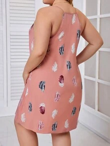 SHEIN LUNE 大碼羽毛印花v領細肩帶連身裙 - 彩色 - 查看 2