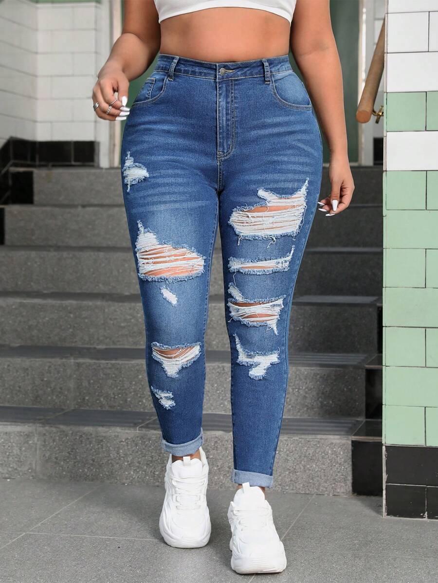 SHEIN EZwear Plus Size High Waist Stretchy Skinny Ripped Jeans In Washed Blue - Medium Wash - View 1