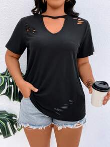 SHEIN LUNE Plus Cut Out Ripped Tee - Black - View 5