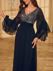 Chiffon Splice Sequin Flared Sleeve Formal Dress - Black - View 8