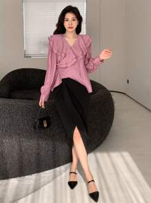 DAZY Solid Color Loose Long Sleeve Shirt With Ruffle Trim For Women - Hot Pink - View 4
