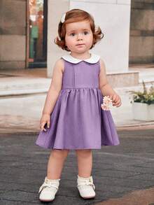 SHEIN 女婴休闲宽松拼色连衣裙，彼得潘领，松紧腰，褶皱 - 淡紫色 - 查看 4