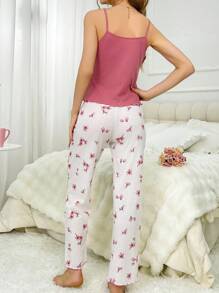 女款純色吊帶背心上衣和花朵印花長褲睡衣套裝 - 玫紅色 - 查看 2