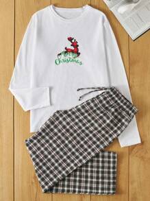 RueChic 男款信封＆鹿印花長袖t卹和格子褲家居套裝 - 彩色 - 查看 1