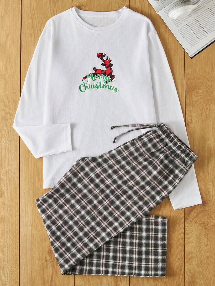 RueChic 男款信封＆鹿印花長袖t卹和格子褲家居套裝 - 彩色 - 查看 1