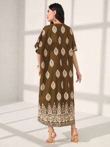 Al Najma Printed Patchwork Embroidery Batwing Sleeve Dress Kaftan Jalabiya Dress - Brown - View 2