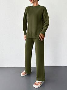 EURMUSE Women's Solid Color Round Neck Drop Shoulder Sweater And Pants Set - Khaki - View 4