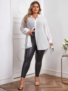 Slaydiva 大碼落肩袖前紐扣襯衫 - 白色 - 查看 3