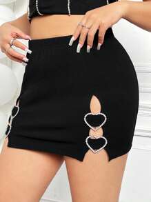 SHEIN ICON Plus Size Low Rise Rhinestone Heart & Circle Decorated A-Line Skirt