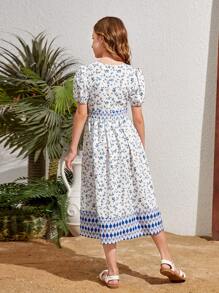 Mädchen Kleid Mit Gewebtem Blumendruck, Übergroßem Rundhalsausschnitt Und Lässigem Stil - Blau - Übersicht 2