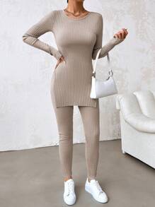 EURMUSE Áo thun xẻ gấu và quần legging - Màu be - Xem 6