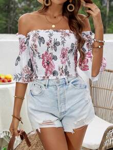 SHEIN VCAY Flower Printed Off Shoulder Shirred Top For Women - White - View 3