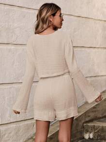 SHEIN Cottnline Drop Shoulder Crop Tee & Drawstring Waist Shorts - Apricot - View 6