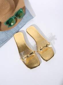 夏季新款蝴蝶結透明鞋面方頭平底涼鞋 - 金色 - 查看 2