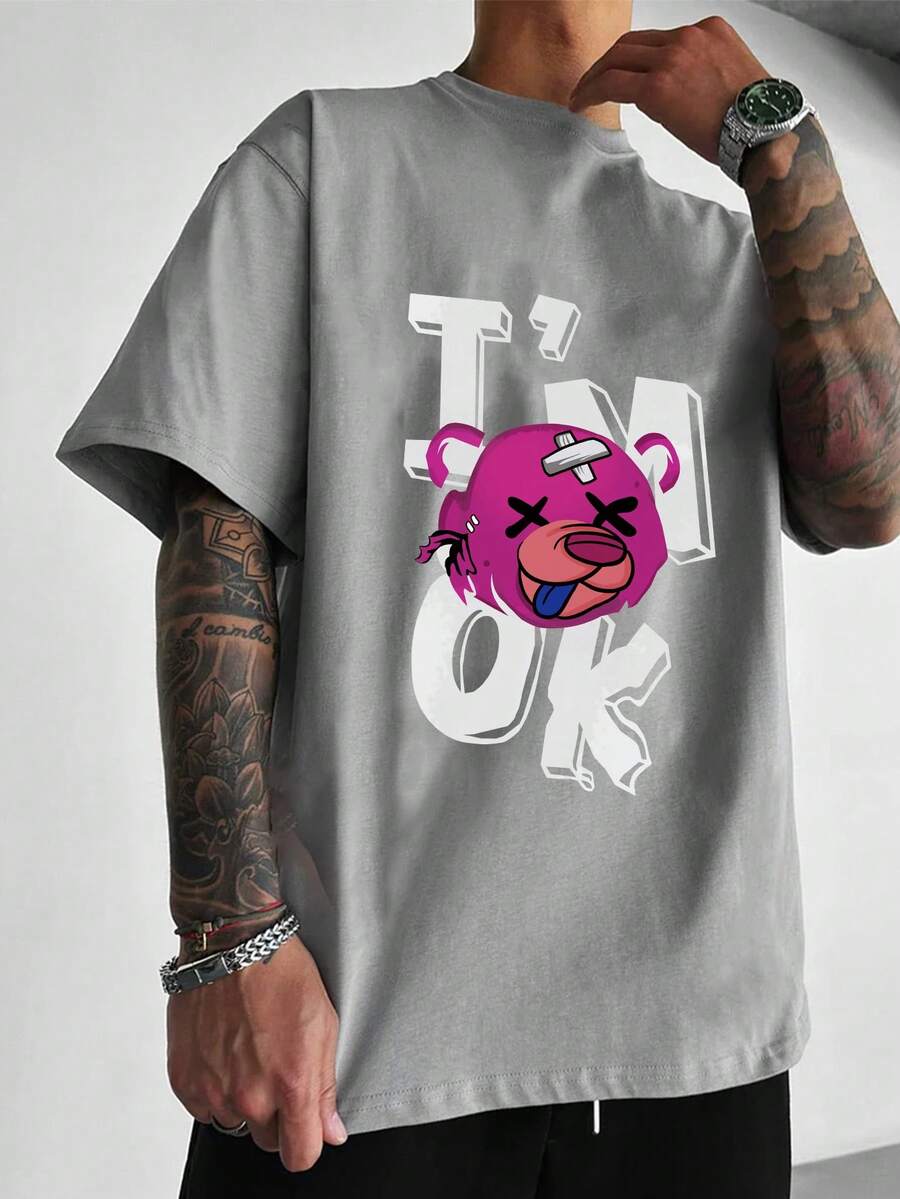 Manfinity EMRG 男士卡通印花寬鬆t恤 - 淺灰色 - 查看 1