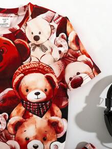 SHEIN Tween Boy Snug Fit Casual Bear Pattern Print Round Neck Short Sleeve Top And Shorts  Knit Pajama Set - Multicolor - View 9