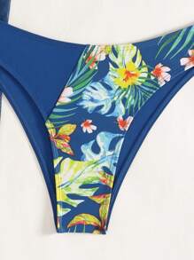 SHEIN Swim Conjunto de bikini tropical de 3 piezas con estampado y parche para mujer, para la playa de verano