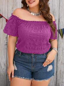 SHEIN Clasi Blusa Con Hombros Descubiertos De Color Liso De Talla Grande - Rojo violeta - Ver 5
