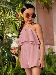 SHEIN Young Girl Casual Solid Color Halter Neck Romper - Pink - View 4